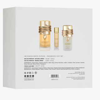 LATTAFA MUSAMAM WHITE INTENSE 3 PCS GIFTSET WITH 100ML EDP + 12ML TRAVEL SPRAY + 50ML HAIRMIST