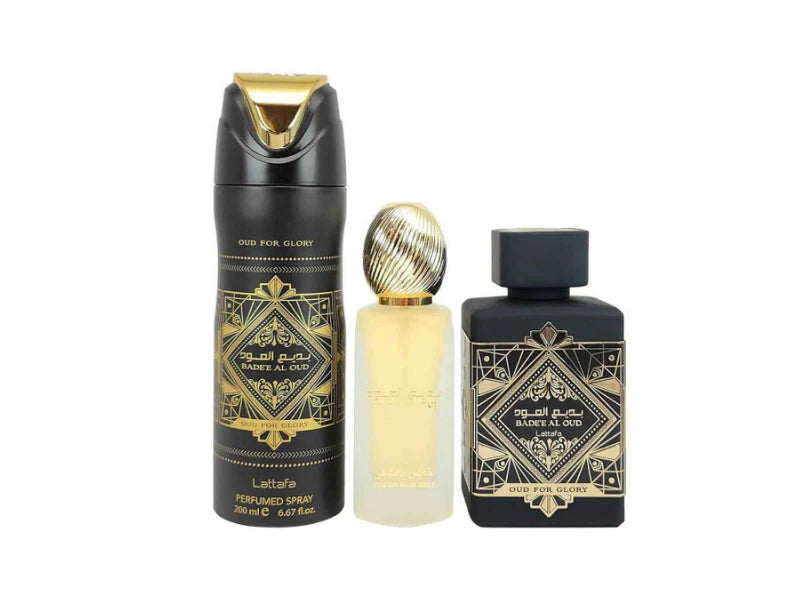 LATTAFA BADEE OUD 3PC MEN GIFT SET ( 3 PC) 3.4 OZ EDP / 6.8 OZ PERFUME SPY / 1.7 OZ HAIRMIST