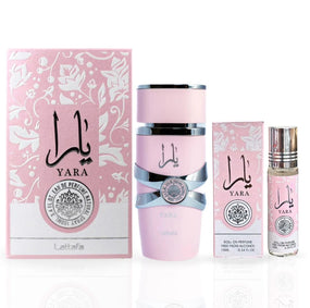 Yara For Women EDP Spray 100ML (3.4 OZ) By Lattafa & YARA Roll-On Perfume Oil CPO 10ML (0.34 OZ) By Ard Al Zaafaran. ( PINK BUNDLE)