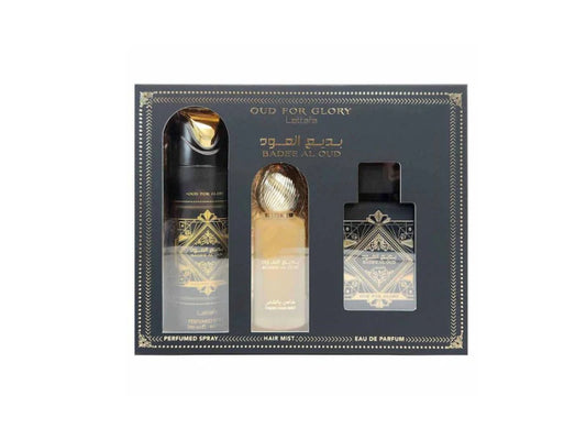 LATTAFA BADEE OUD 3PC MEN GIFT SET ( 3 PC) 3.4 OZ EDP / 6.8 OZ PERFUME SPY / 1.7 OZ HAIRMIST