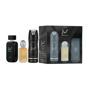 ESTUCHE DE REGALO HAYAATI BLACK DE 3 PIEZAS: Spray perfumado + Bruma para el cabello + Eau de Parfum de 100 ml