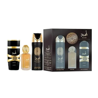 SET LATTAFA ASAD MEN (3 PIEZAS) 3.4 OZ EDP / 6.8 OZ PERFUME SPY / 1.7 OZ BRUMA PARA EL CABELLO