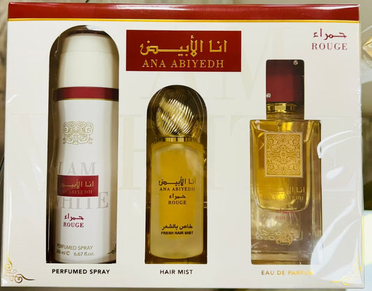 SET LATTAFA ANA ABIYDEH ROUGE UNISEX ( 3 PC) 3.4 OZ EDP / 6.8 OZ PERFUME SPY / 1.7 OZ HAIRMIST