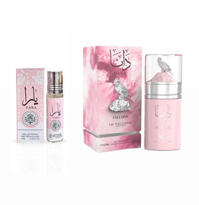 DANA’s Scent For Women EDP Spray 100ML (3.4 OZ) By LE FALCONE & YARA Roll-On Perfume Oil CPO 10ML (0.34 OZ) By Ard Al Zaafaran. ( PINK BUNDLE)