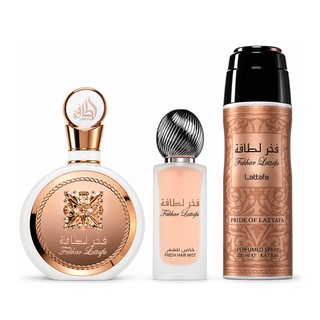 SET LATTAFA FAKHAR WOMEN ( 3 PC) 3.4 OZ EDP / 6.8 OZ PERFUME SPY / 1.7 OZ HAIRMIST