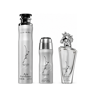 SET LATTAFA MAAHIR LEGACY MEN ( 3 PC) 3.4 OZ EDP / 6.8 OZ PERFUME SPY / 1.7 OZ HAIRMIST