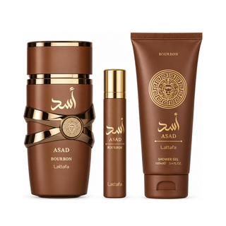 LATTAFA ASAD BOURBON 3PCS GIFT SETS | EDP3.4FL.OZ+100ML TRAVEL SPRAY & 100ML GEL