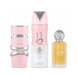 SET LATTAFA YARA WOMEN ( 3 PC) 3.4 OZ EDP / 6.8 OZ PERFUME SPY / 1.7 OZ HAIRMIST